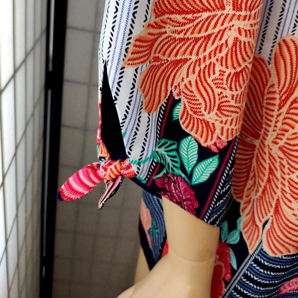 Chico's Kimono Jacket Top Vibrant Floral Print Multi-Color Sz 1 With Tie Sleeve - Picture 5 of 8